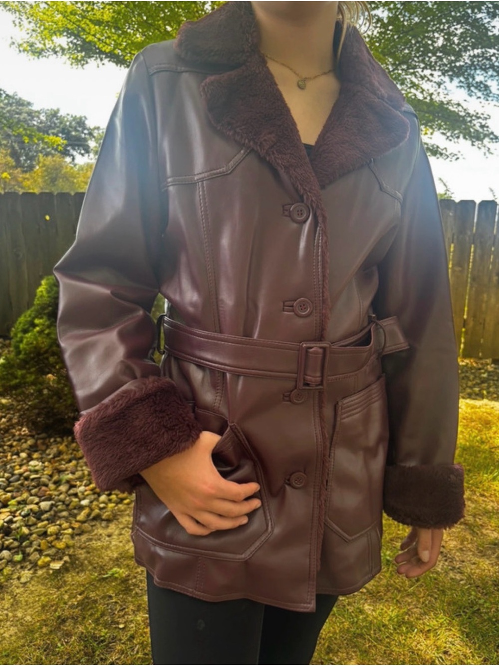 Vintage Retro 70s Vinyl Leather Belted Coat w/ Faux Fur Collar Maroon Women's